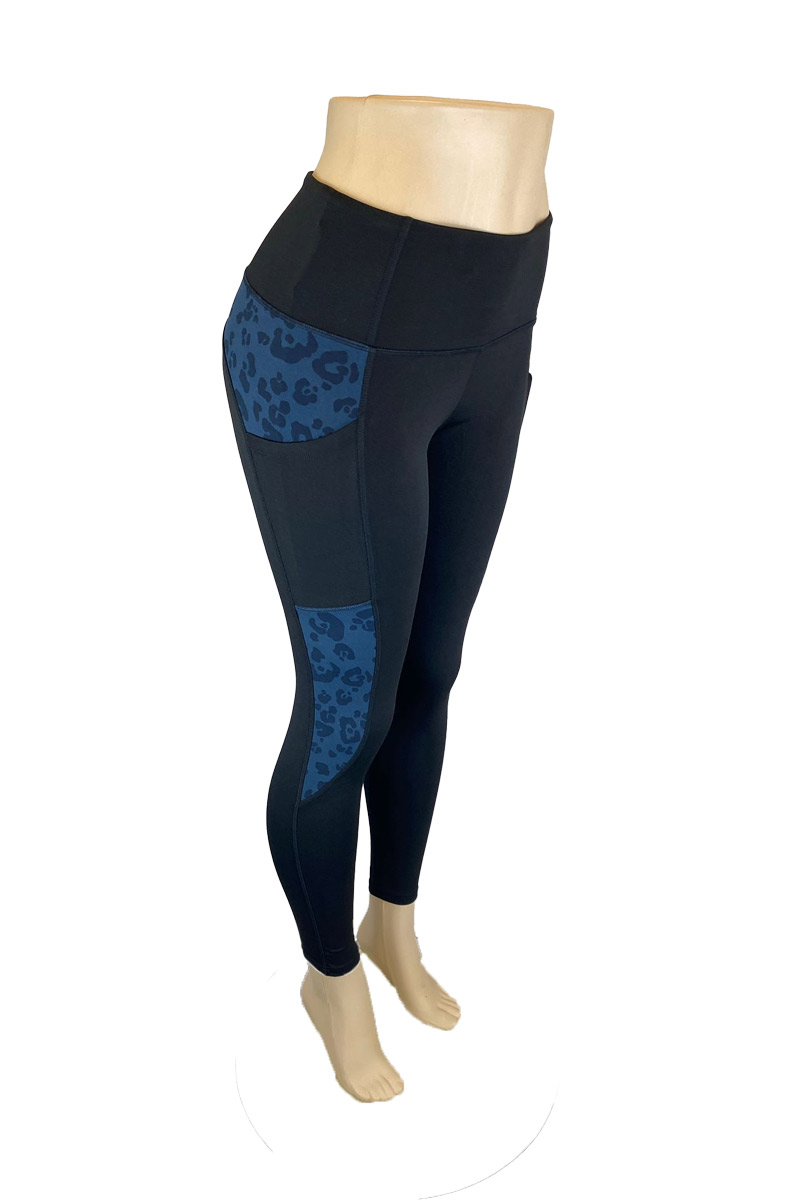 Full Length Spaced Leopard Print Insert Detail Active Leggings with Pockets – Blue