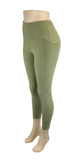 Hight Waist Active Leggings with Striped Mesh Pockets - Green