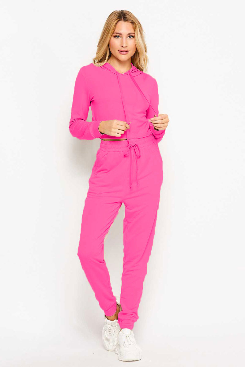 French Terry Cropped Hoodie Top Jogger Set - Fuchsia