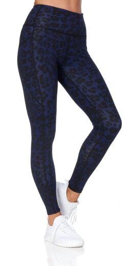 Full Length Active Leggings with Leopard Print Insert Detail and Pockets - Navy