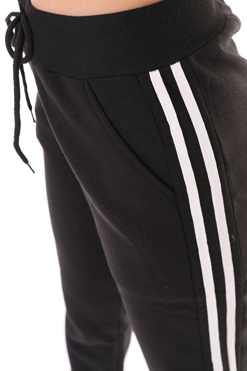Women's Fleeced Double Stripe Jogger Pants - Black