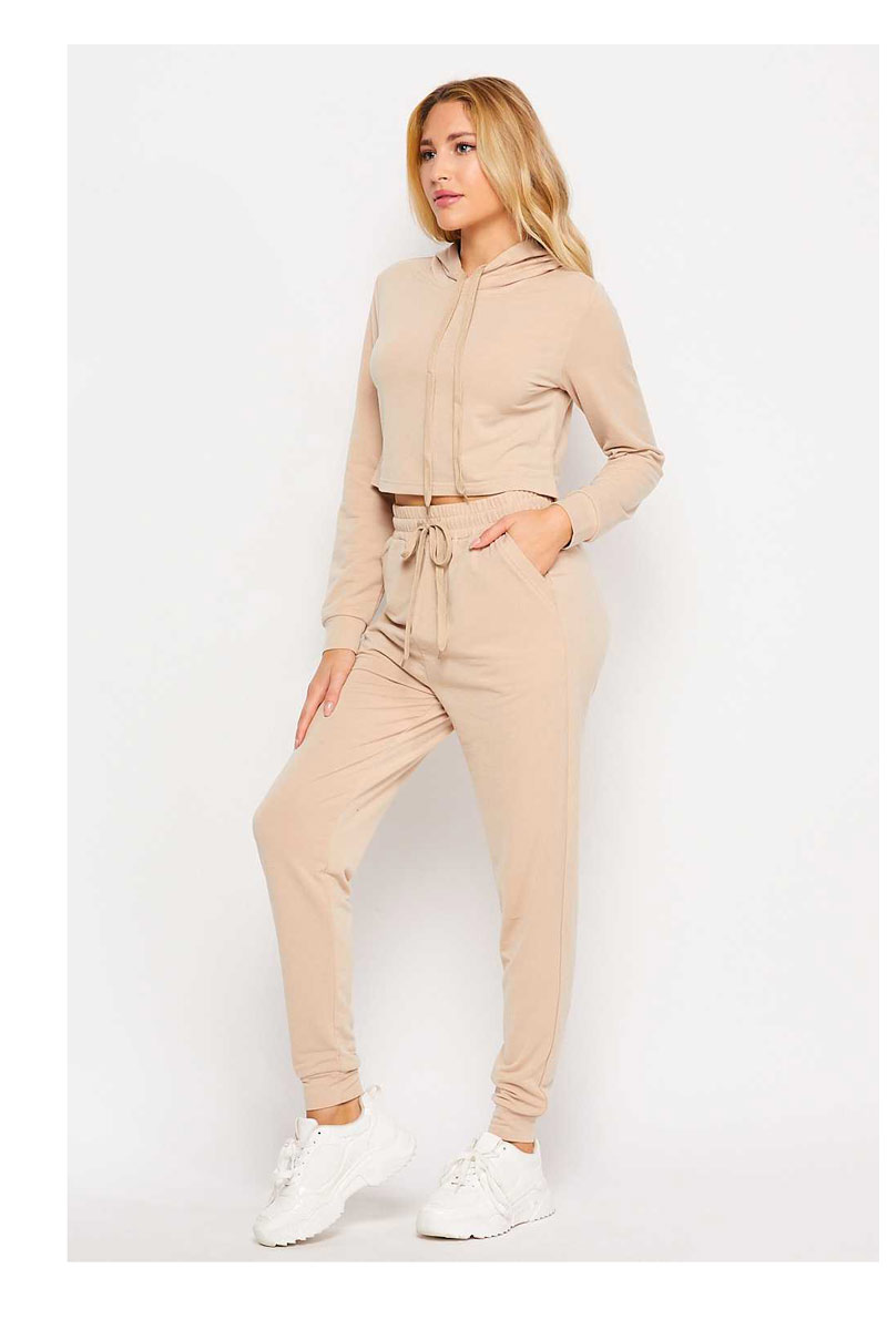 French Terry Cropped Hoodie Top Jogger Set