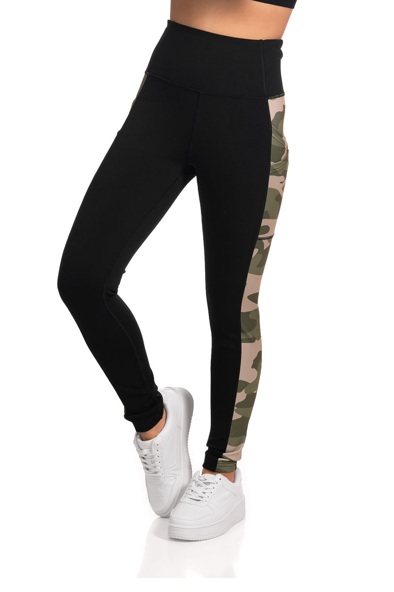 Full Length Active Leggings with Camouflage Print Side Panel - Green