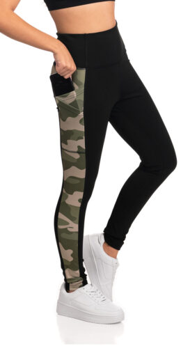 Full Length Active Leggings with Camouflage Print Side Panel - Green