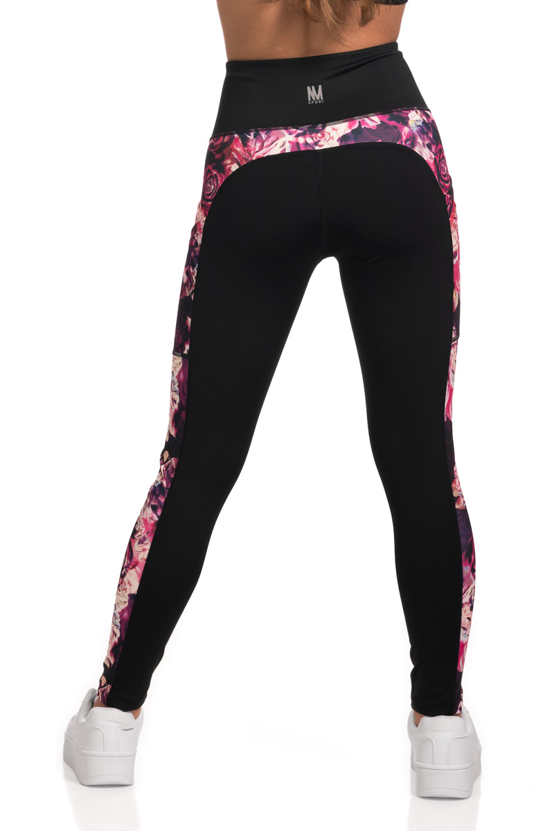Full Length Active Leggings with Evening Roses Print Side Panel - Berry