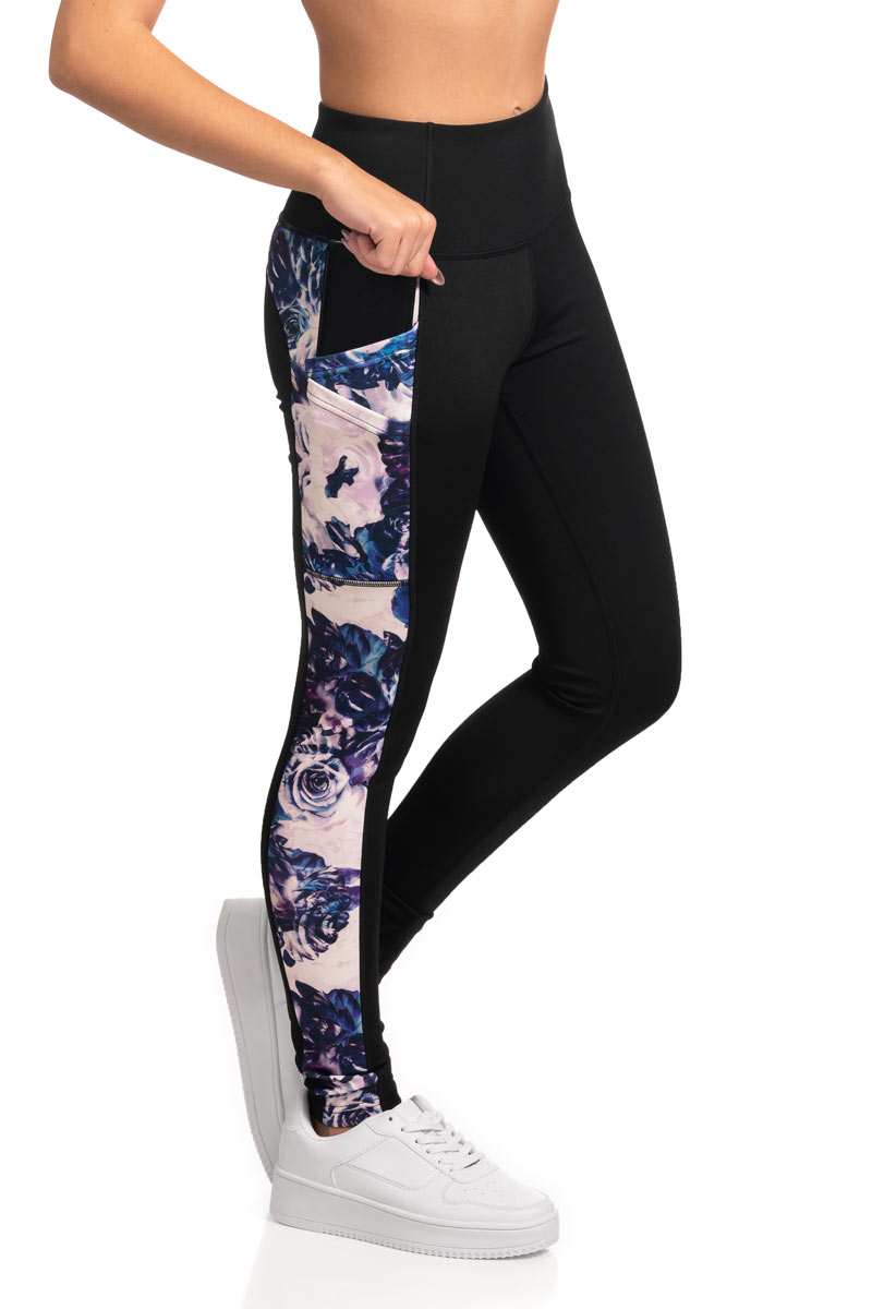 Full Length Active Leggings with Evening Roses Print Side Panel - Blue