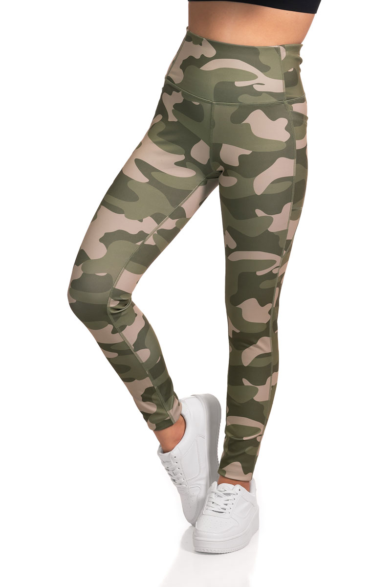 Full Length Camouflage Print Active Leggings with Pocket Detail - Green