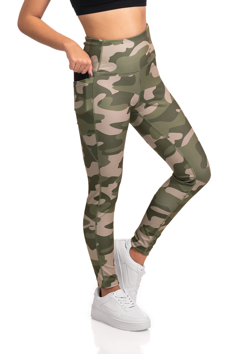 Full Length Camouflage Print Active Leggings with Pocket Detail - Green