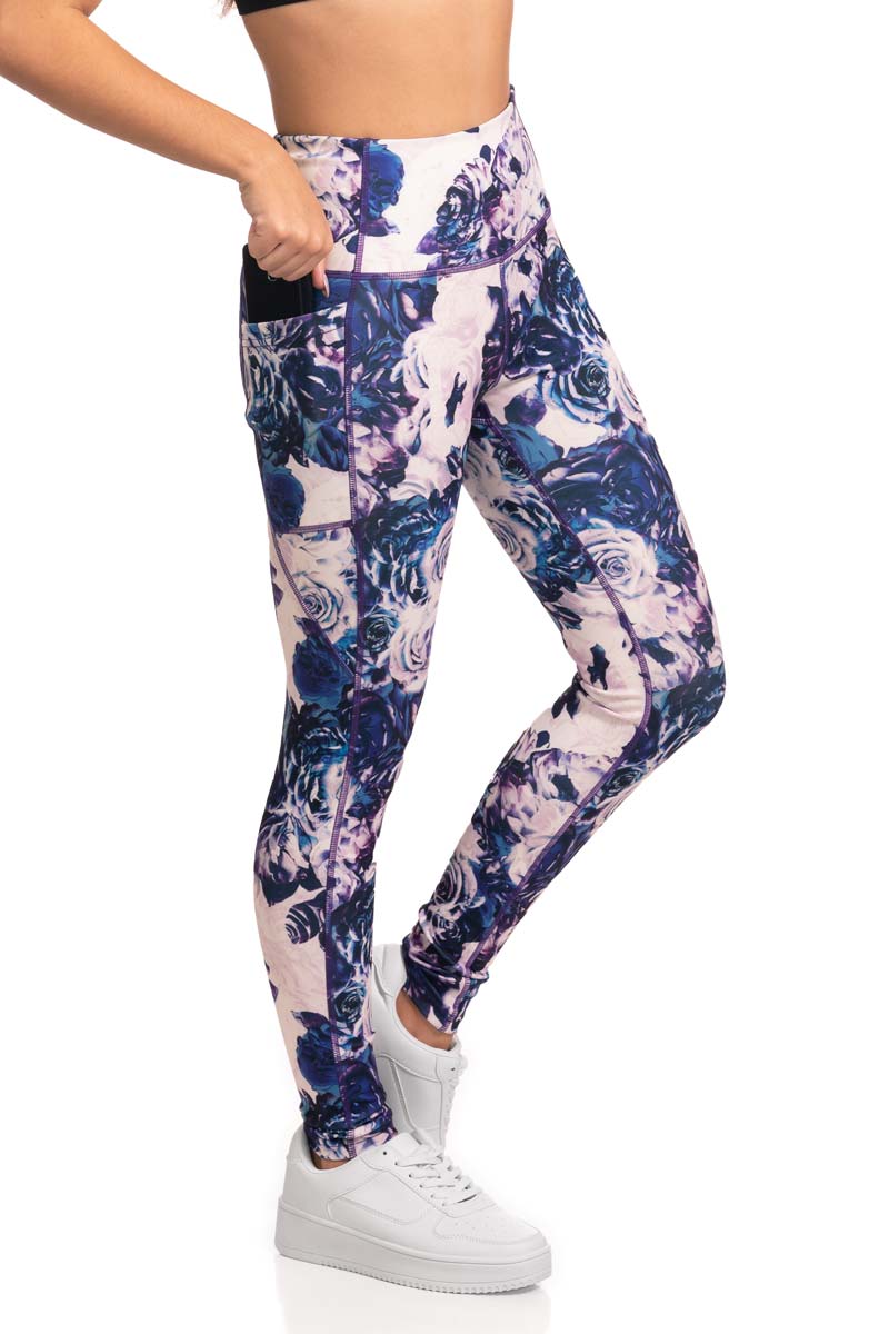 Full Length Evening Roses Printed Active Leggings with Pocket Detail - Blue