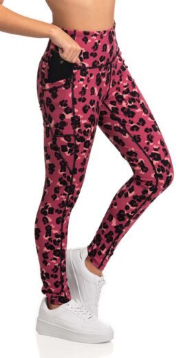 Full Length Leopard Print Active Leggings with Pocket - Berry