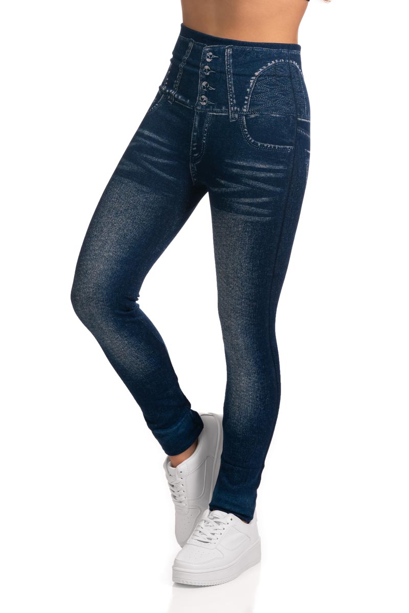 High Waist Acid-Washed Look Faux Pockets and Buttons Jeggings