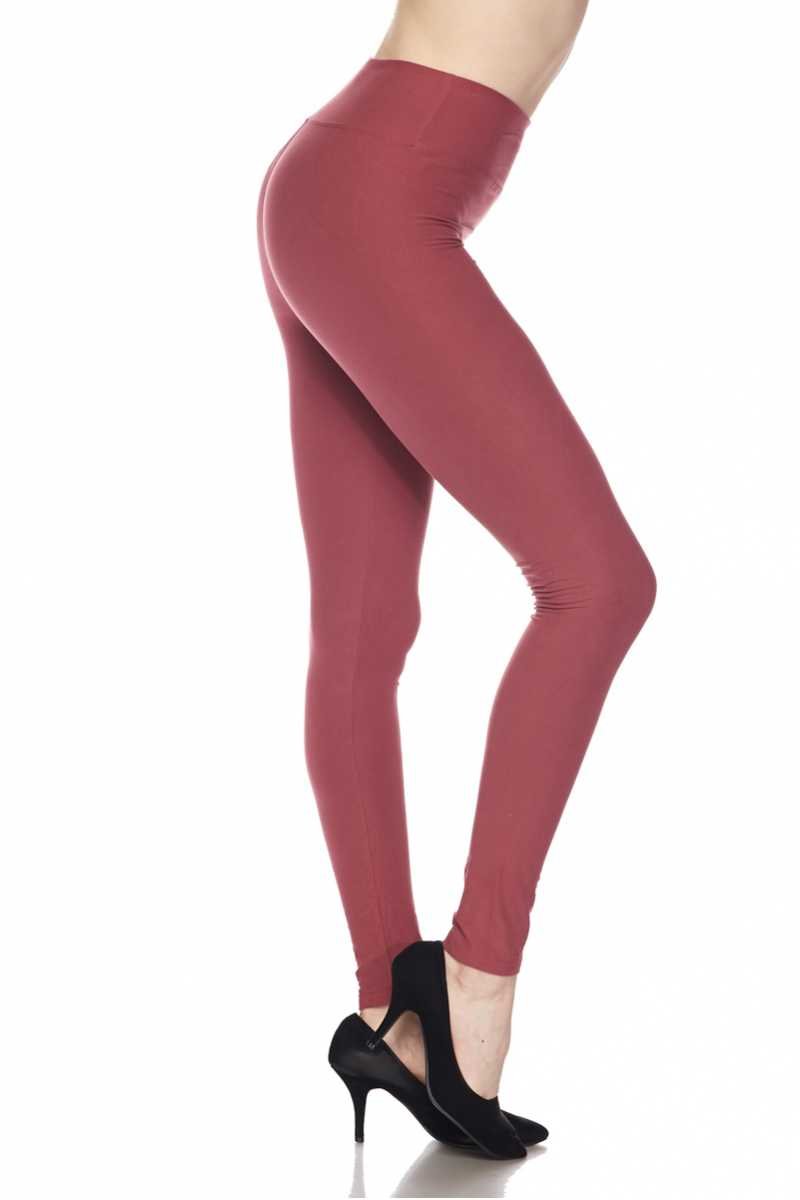 High Waist Full Length Solid Leggings with 3 inches Waistband - Mulberry