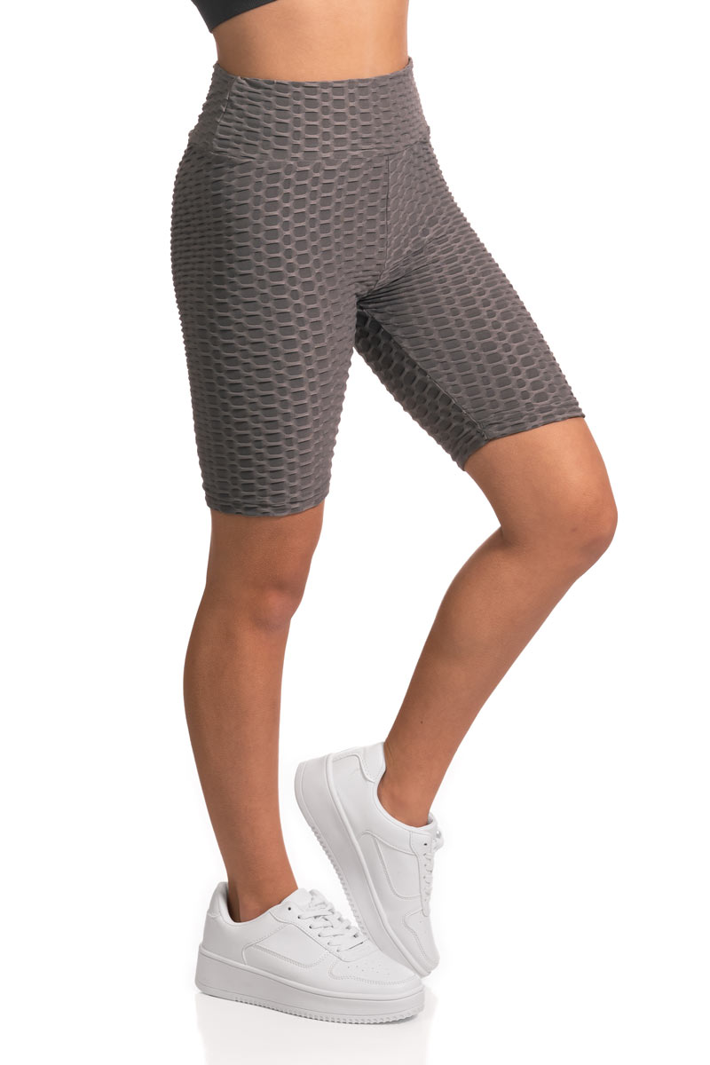 Honeycomb Textured Brazilian Butt Lifting Scrunch Biker Shorts - Charcoal
