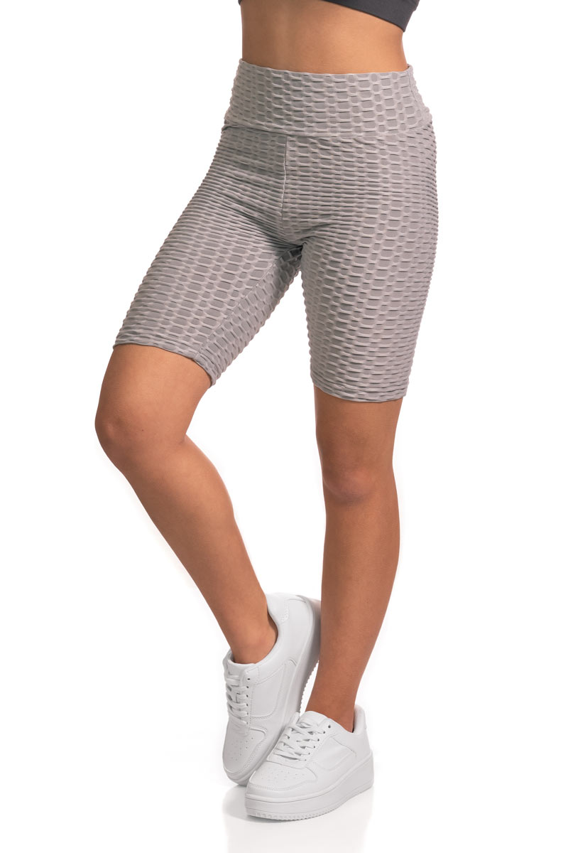 Honeycomb Textured Brazilian Butt Lifting Scrunch BIKER Shorts - Light Grey