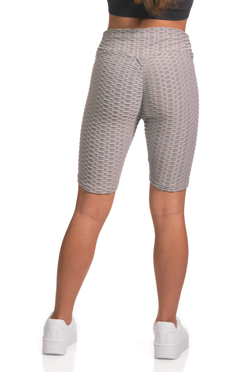 Honeycomb Textured Brazilian Butt Lifting Scrunch Biker Shorts - Light Grey