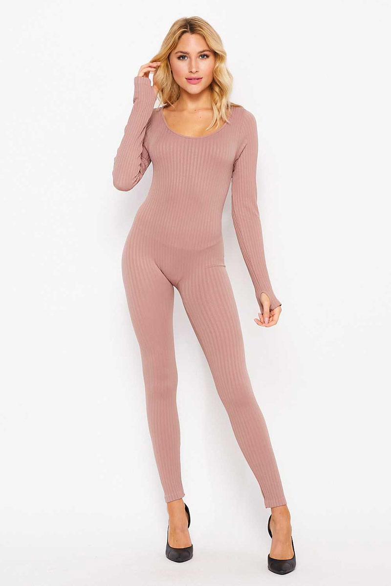 Solid Ribbed Round Neck Jumpsuit