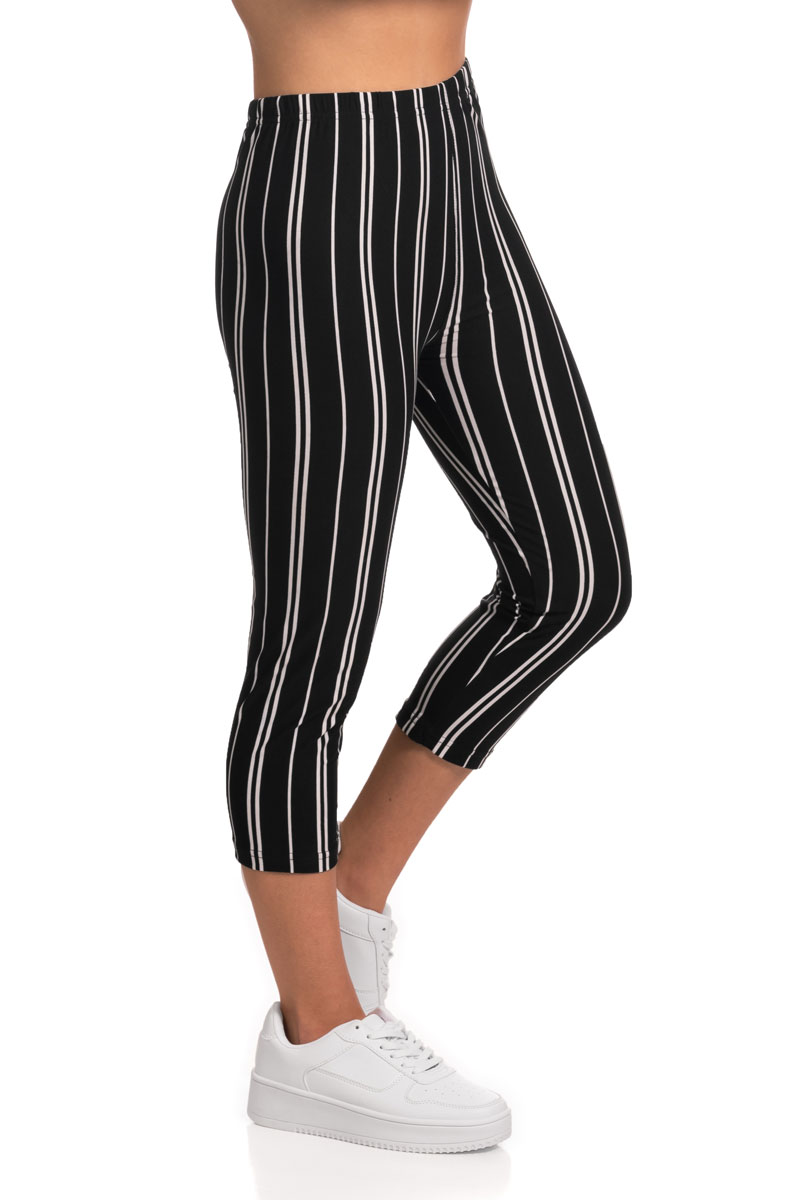 Stylish 2 White Striped Capri Leggings - Black