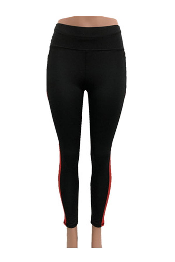 A1003 High Waist Yoga Leggings with Red and White Stripes - Black