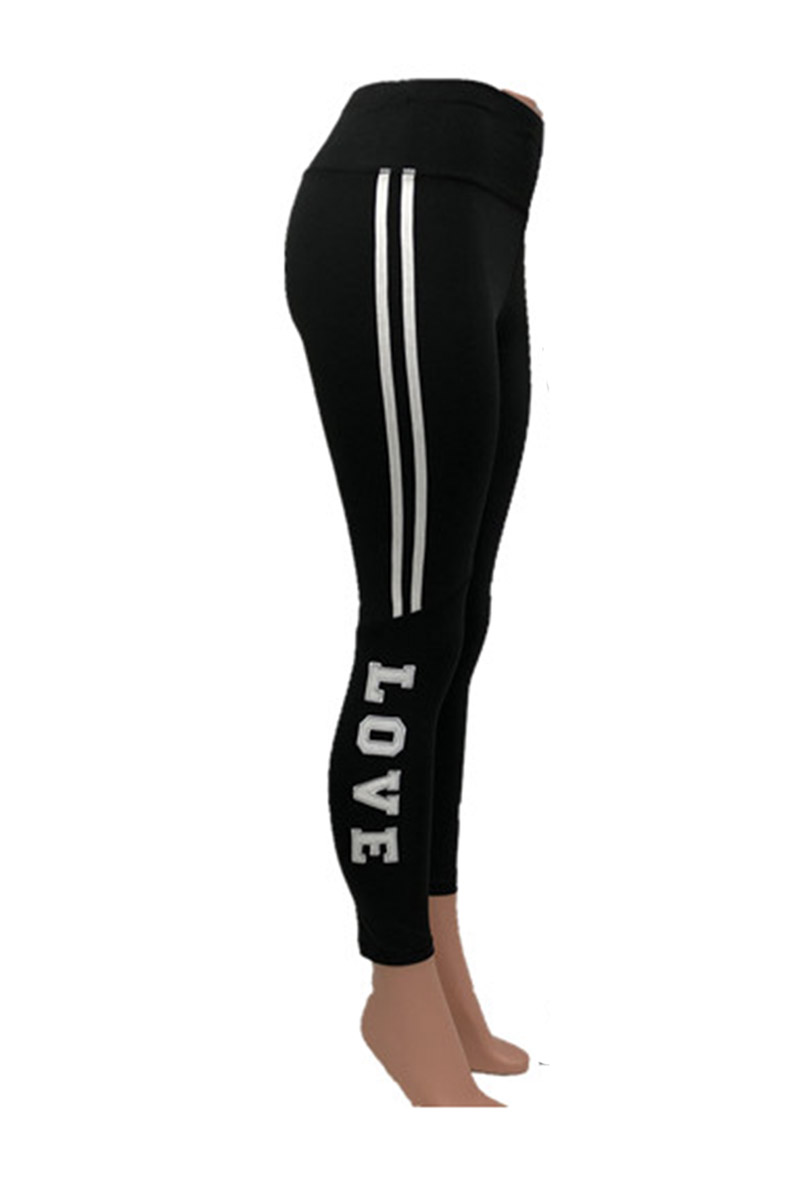 Love Print Side Stripe Yoga Leggings - Black