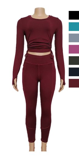 Active Set with Full Length Leggings and Side String Longsleeve Top - Burgundy