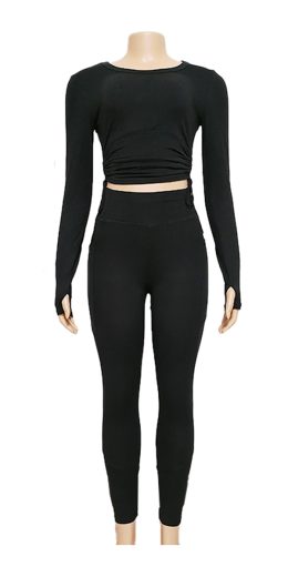 Active Set with Full Length Leggings and Side String Longsleeve Top - Black