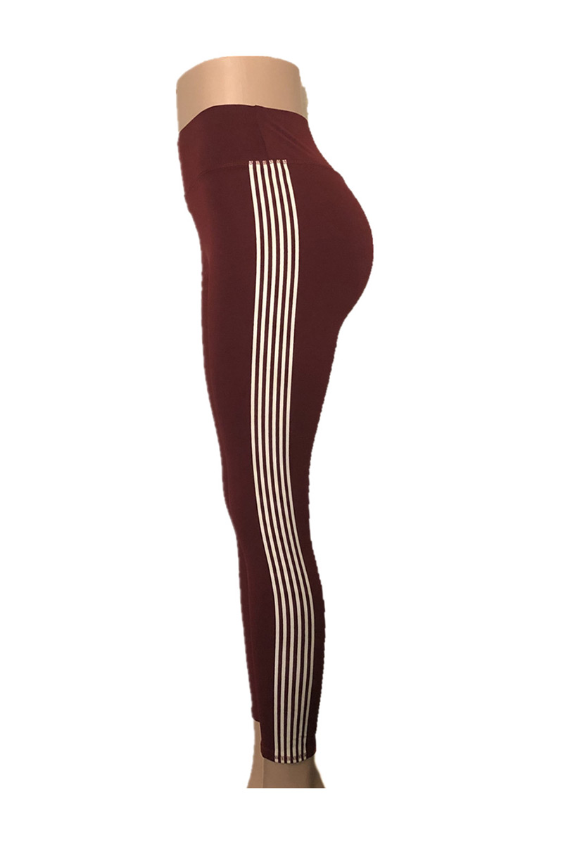 High Waist Side Striped Yoga Leggings - Burgundy