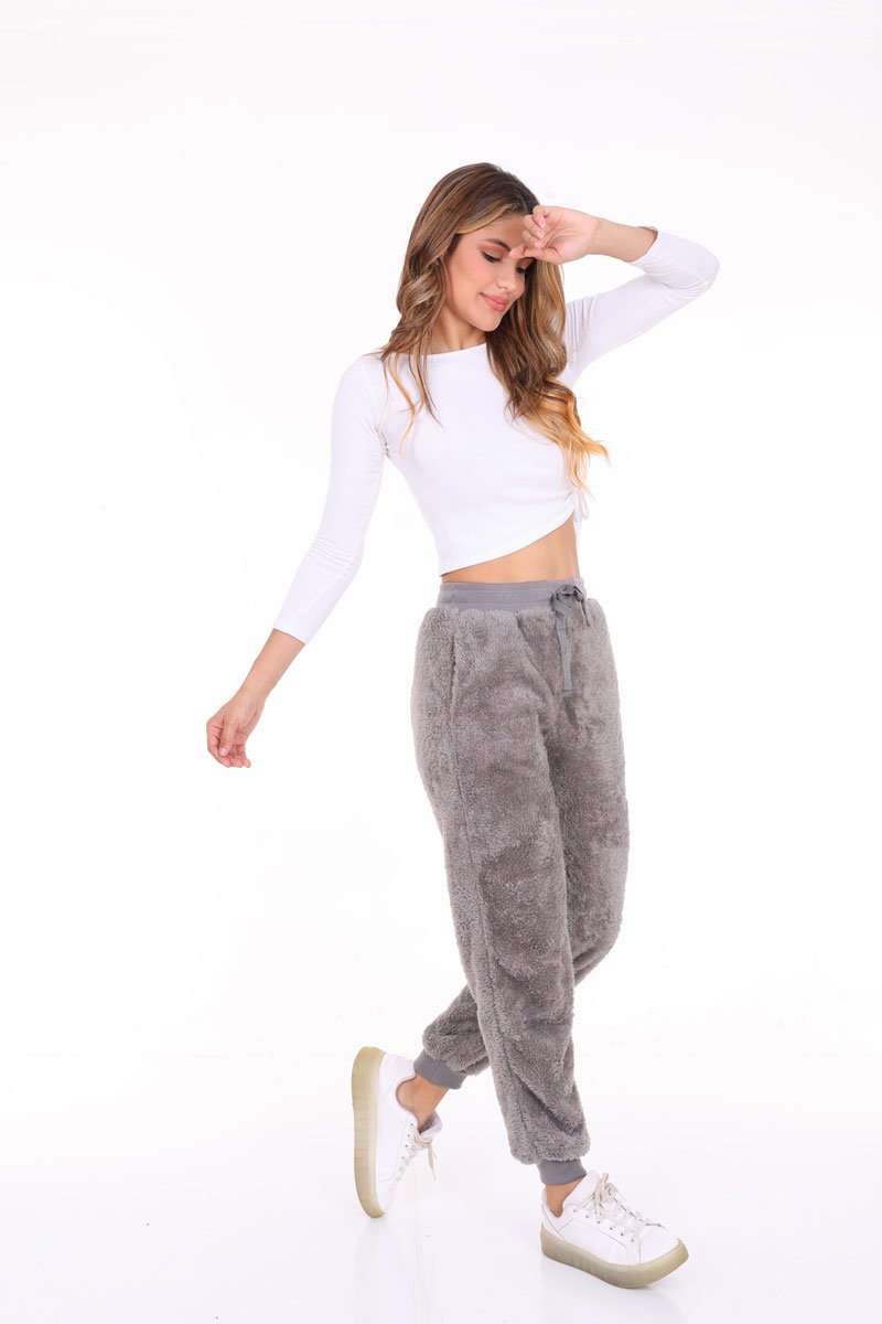 Women's Cozy Faux Fur Jogger Pants - Grey