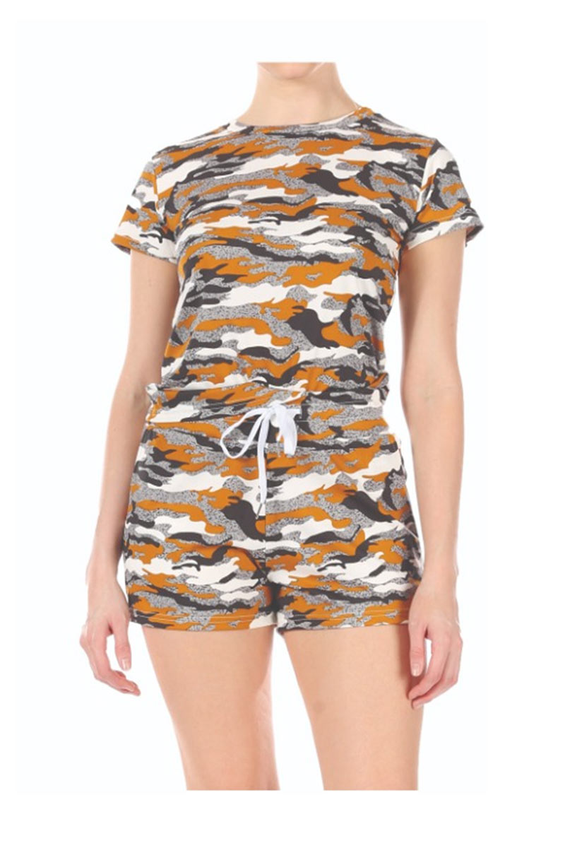 Camouflage Print Top and Shorts Set - Mustard