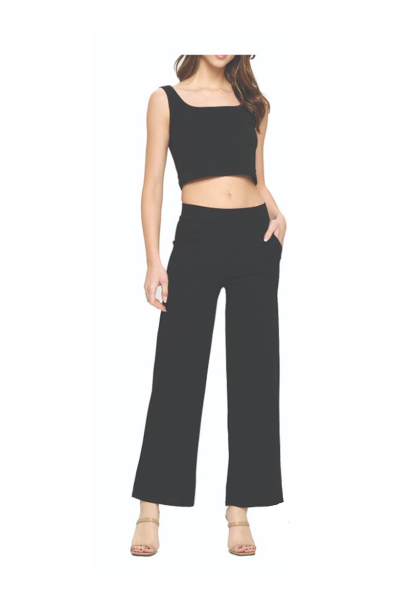 Crepe Solid Top and Straight Pants Set - Black