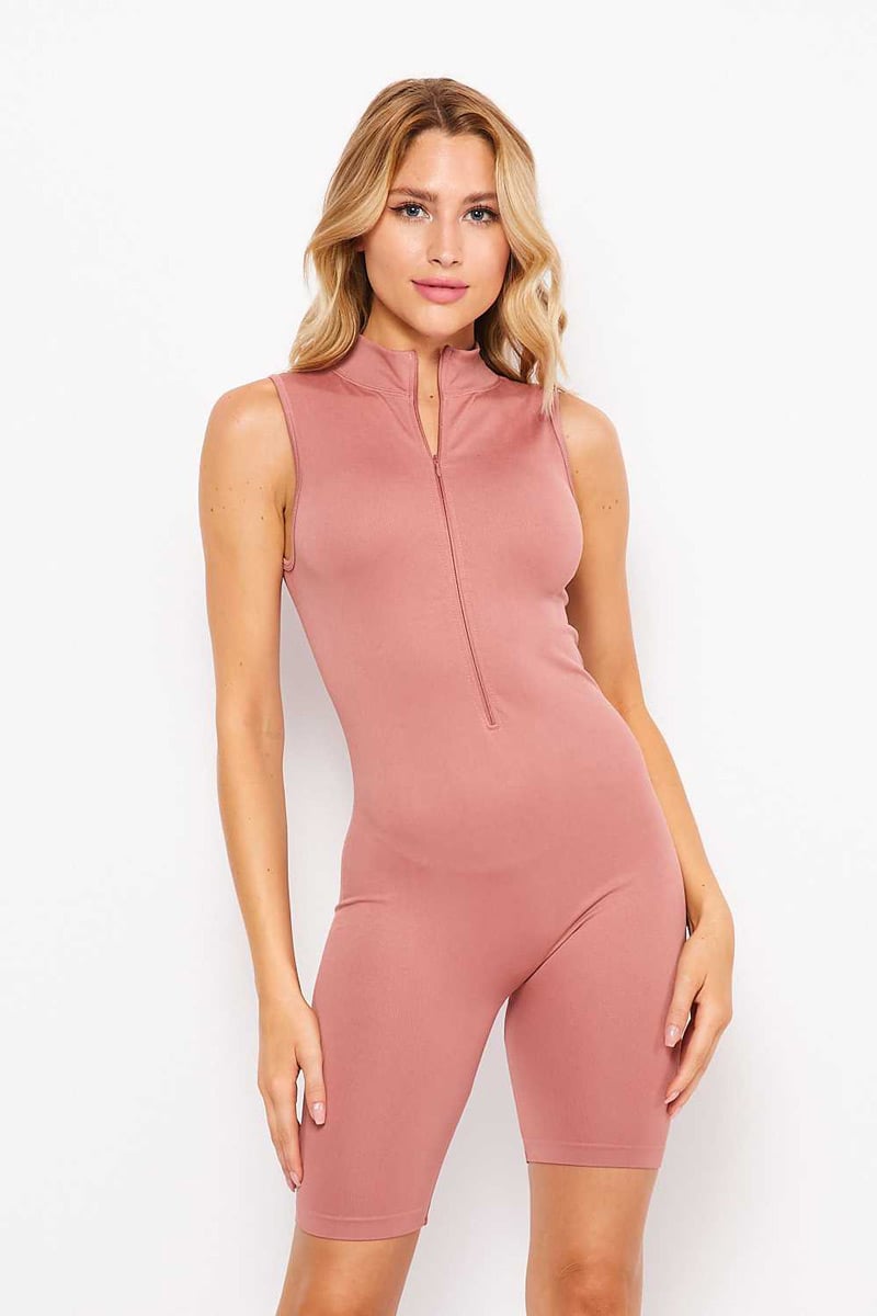 Solid Ribbed Mock Neck Zip Up Catsuit - Mauve