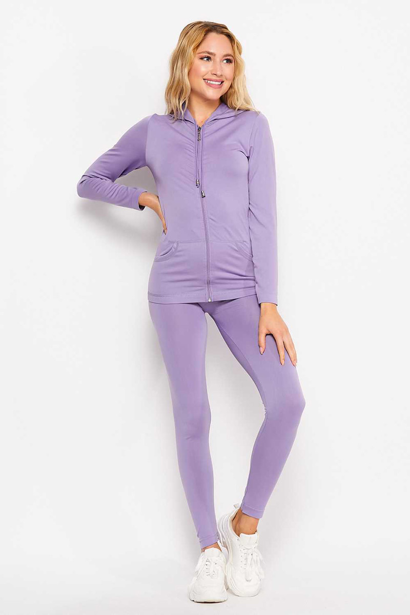 Active Wear Zip Up Hoodie And Legging Tights - Purple Ash