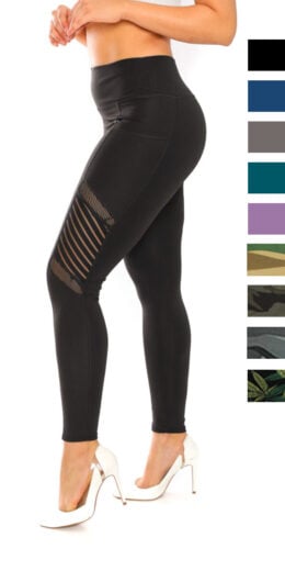 High Waist Solid Color Striped Mesh Detail Leggings