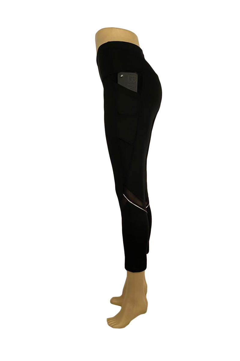 PLUS Size 7/8 Leggings with Sheer Mesh Panel On Leg - Black