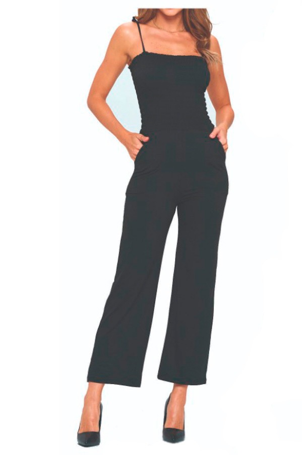 Smocked Bodice Solid Jumpsuit