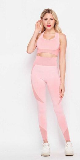 Textured Cross Back Sports Bra Activewear Set - Pink