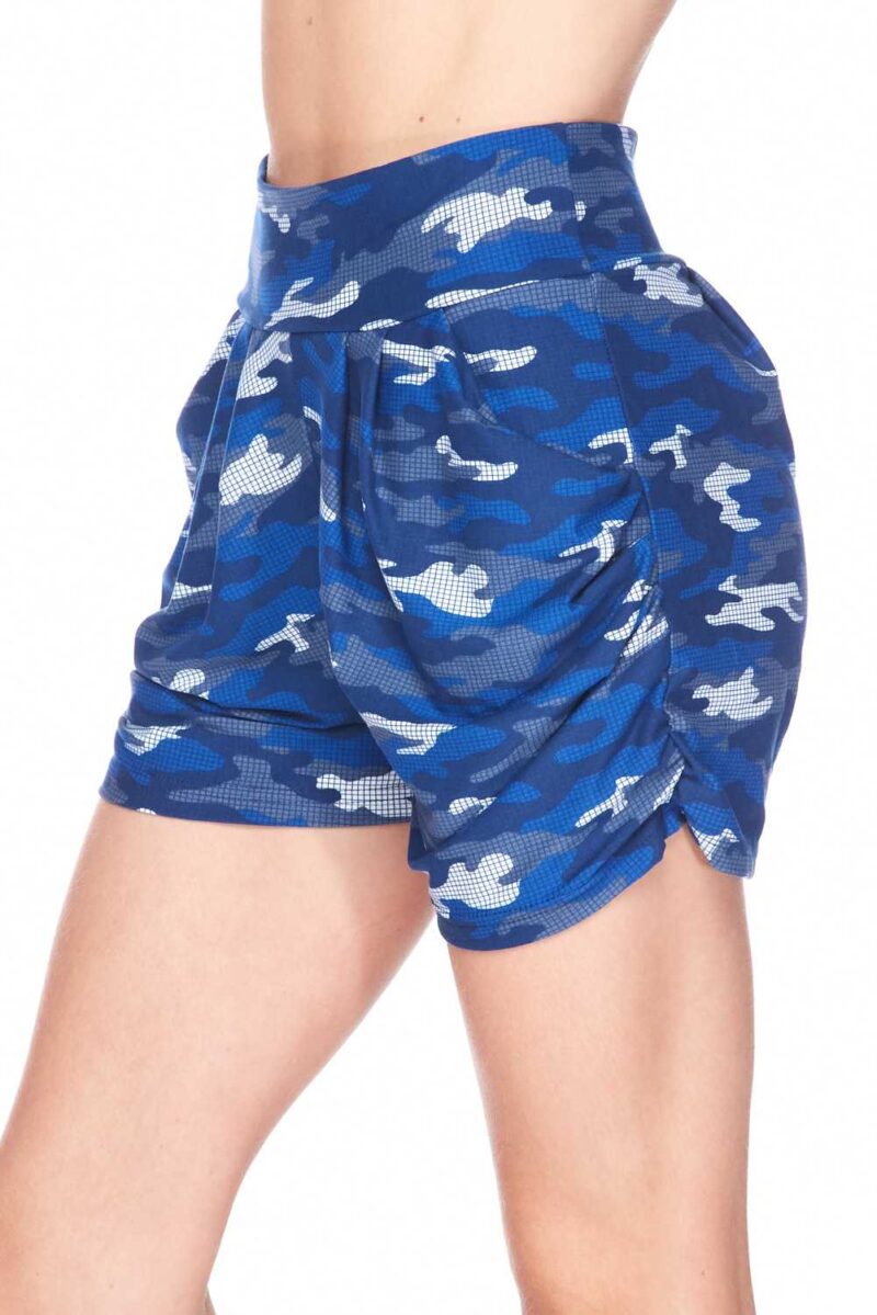 Blue Grid Camo Harem Shorts With Pockets
