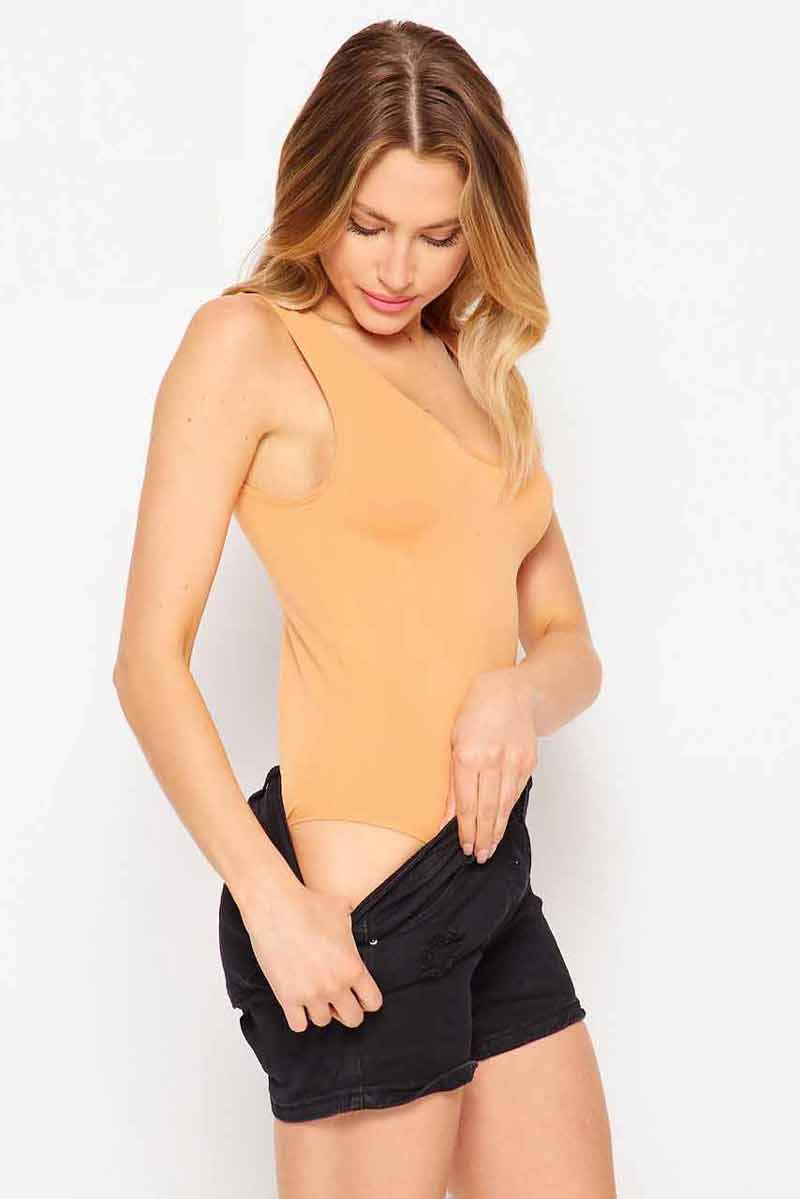 Seamless Solid Bodysuit With Snap Button Closure On Crotch