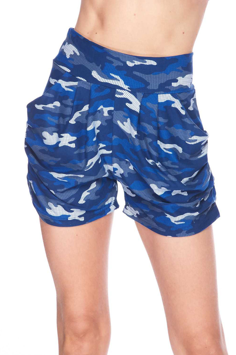PLUS Size Blue Grid Camo Harem Shorts With Pockets