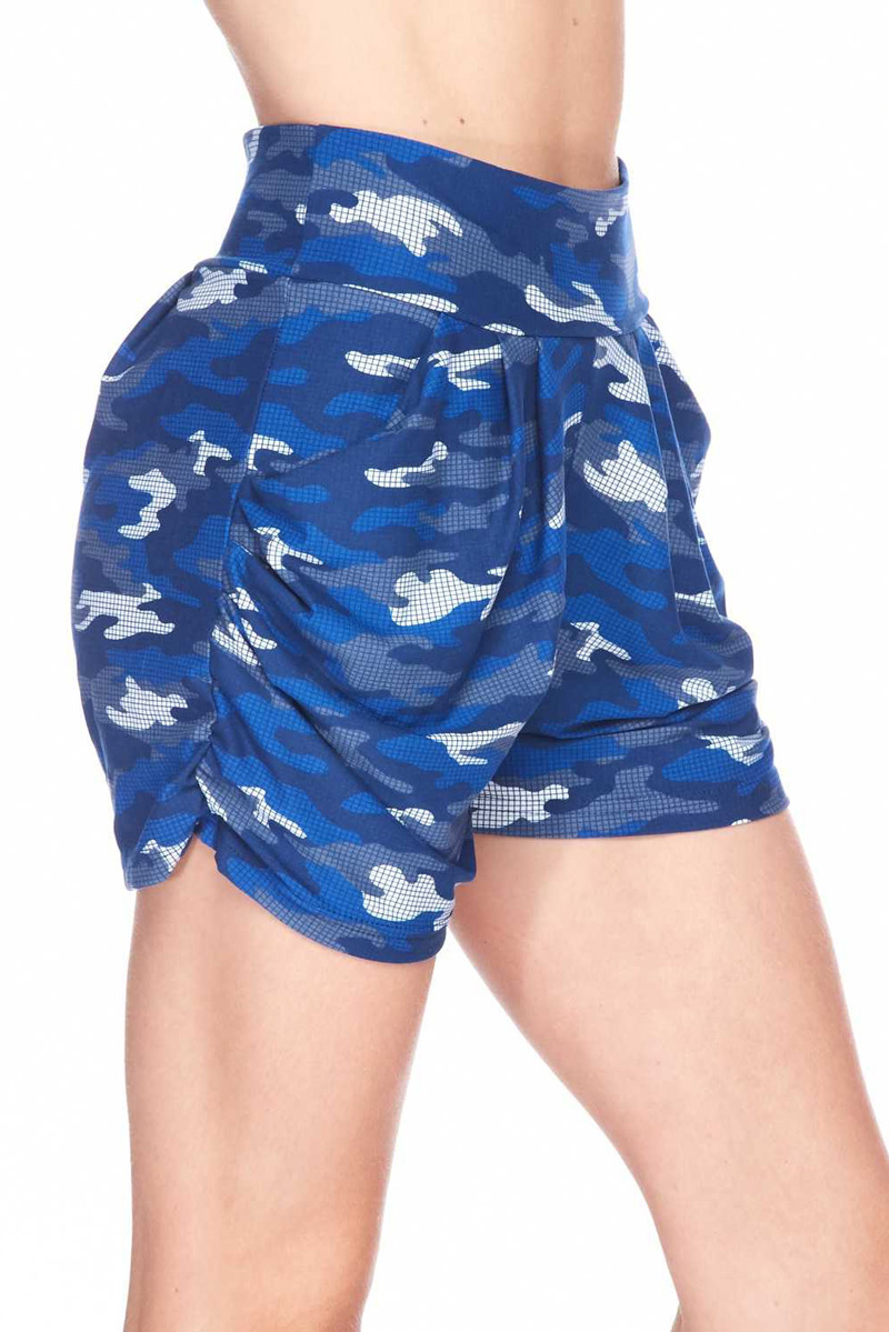 PLUS Size Blue Grid Camo Harem Shorts With Pockets