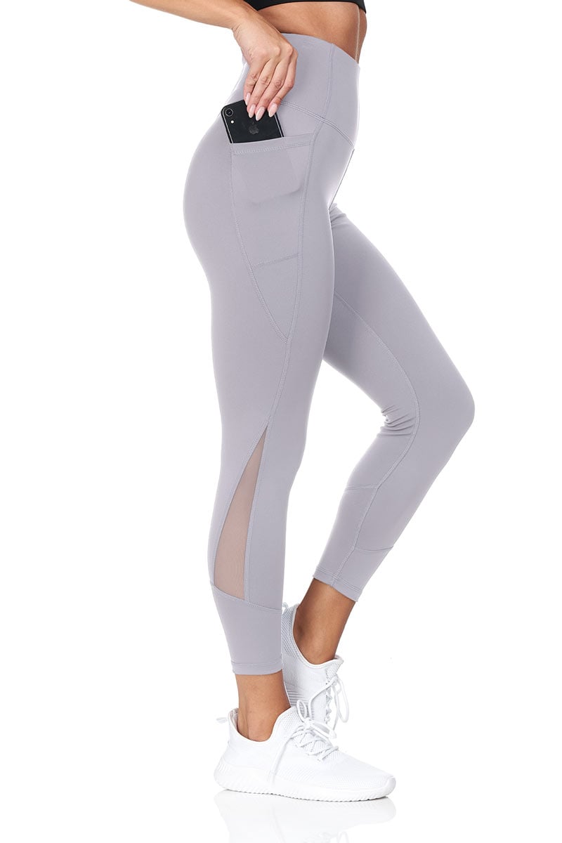 7/8 Cropped Leggings with Sheer Mesh Panel on Side Bottom – Grey
