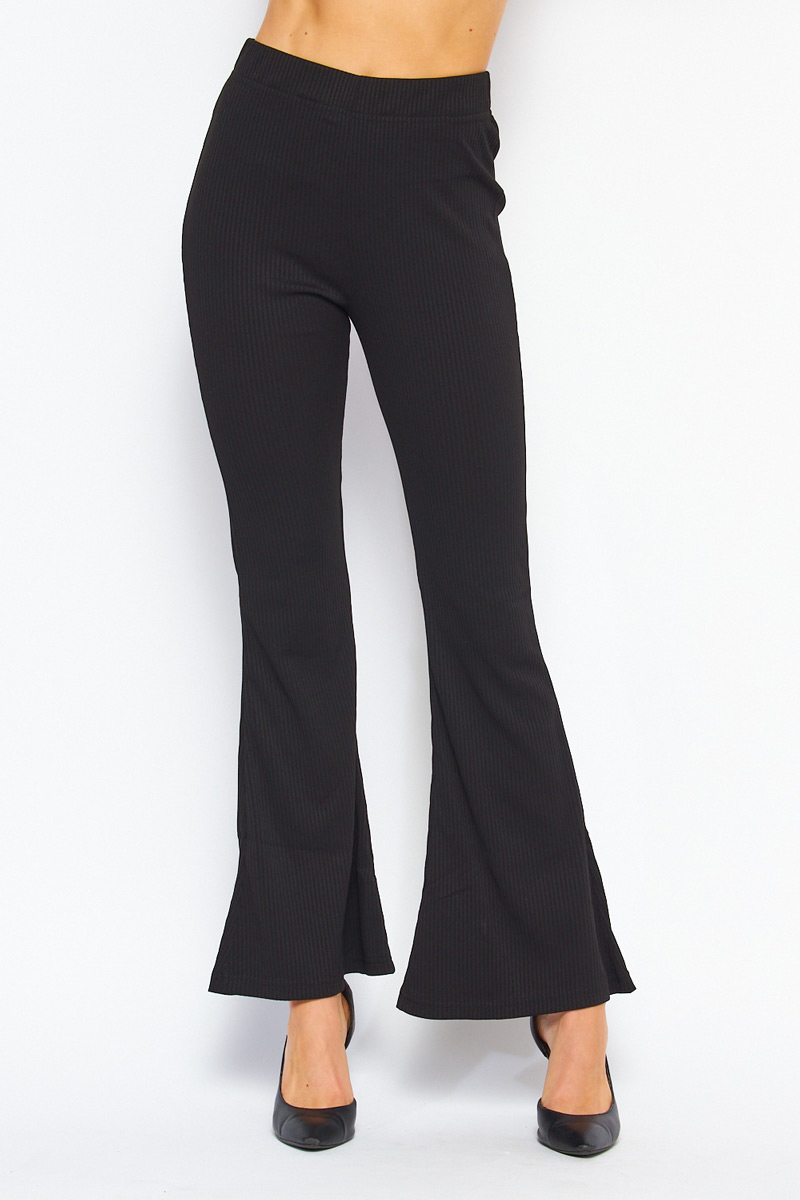Solid High Rise Ribbed Bell Bottom Pants - Black