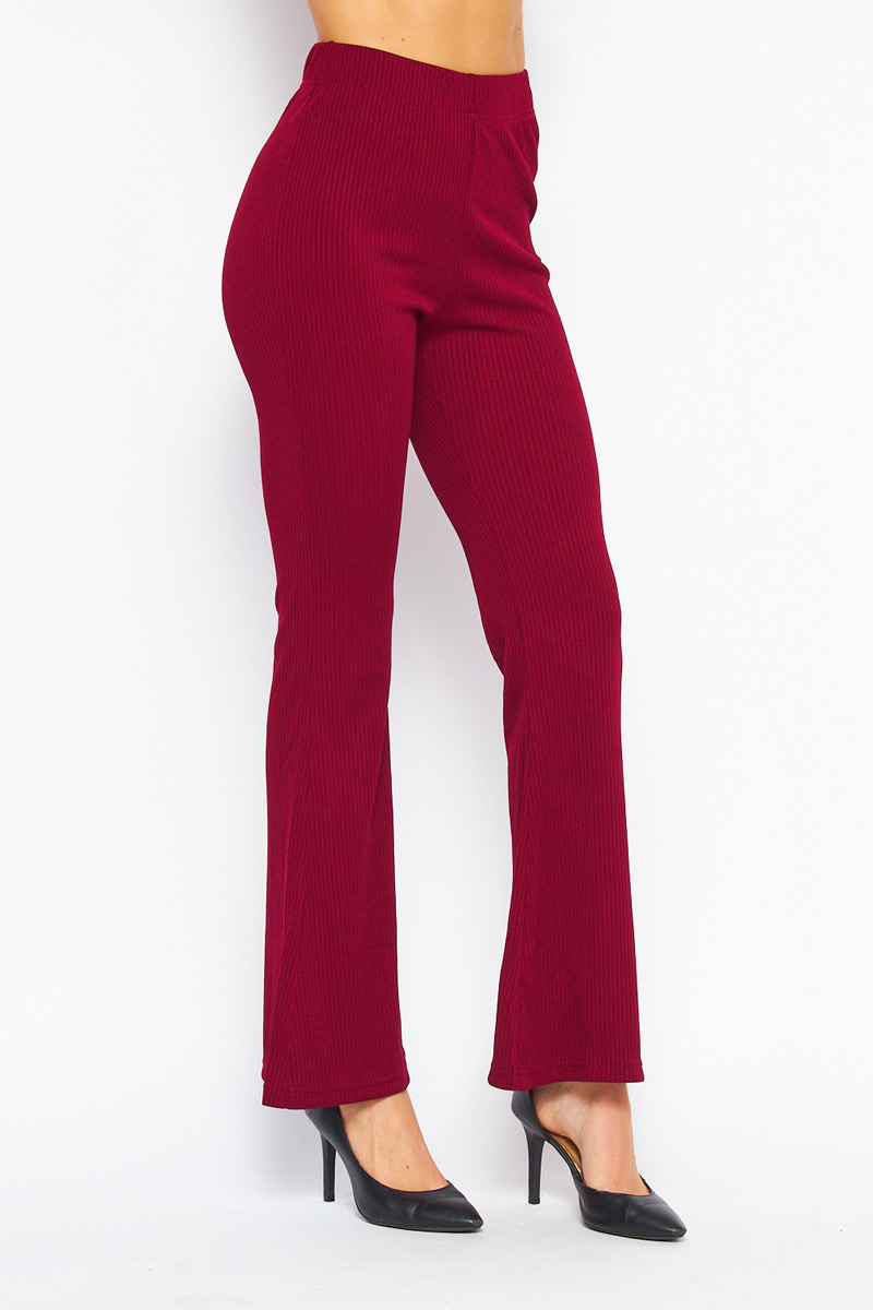 Solid High Rise Ribbed Bell Bottom Pants - Burgundy