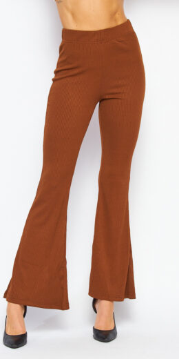 Solid High Rise Ribbed Bell Bottom Pants - Burgundy