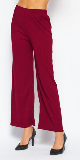 Solid High Rise Ribbed Wide Leg Pants - Cognac