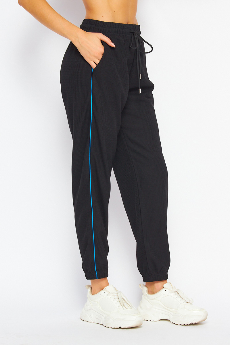 Textured Functional Drawstring Jogger W Pocket with Neon Stripe - Black