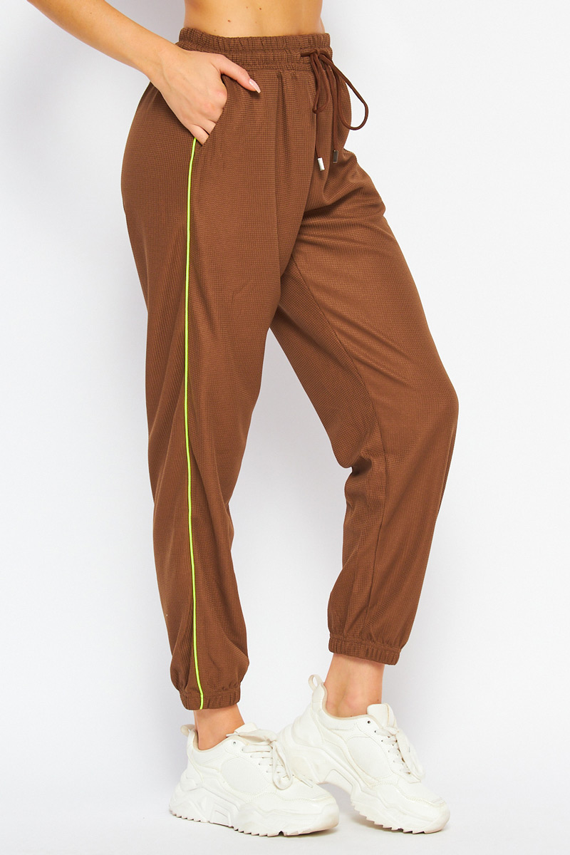 Textured Functional Drawstring Jogger W Pocket with Neon Stripe - Mocha