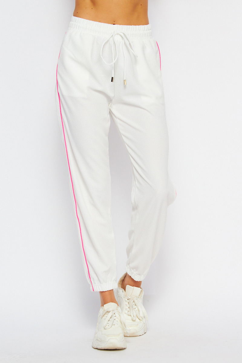 Textured Functional Drawstring Jogger W Pocket with Neon Stripe - White
