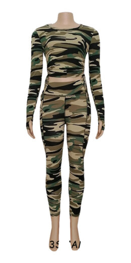 Active Set with Full Length Leggings and Side String Longsleeve Top - Camo 1