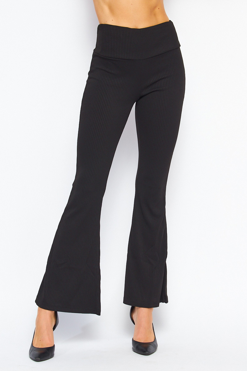 Solid High Rise Ribbed Bell Bottom Pants