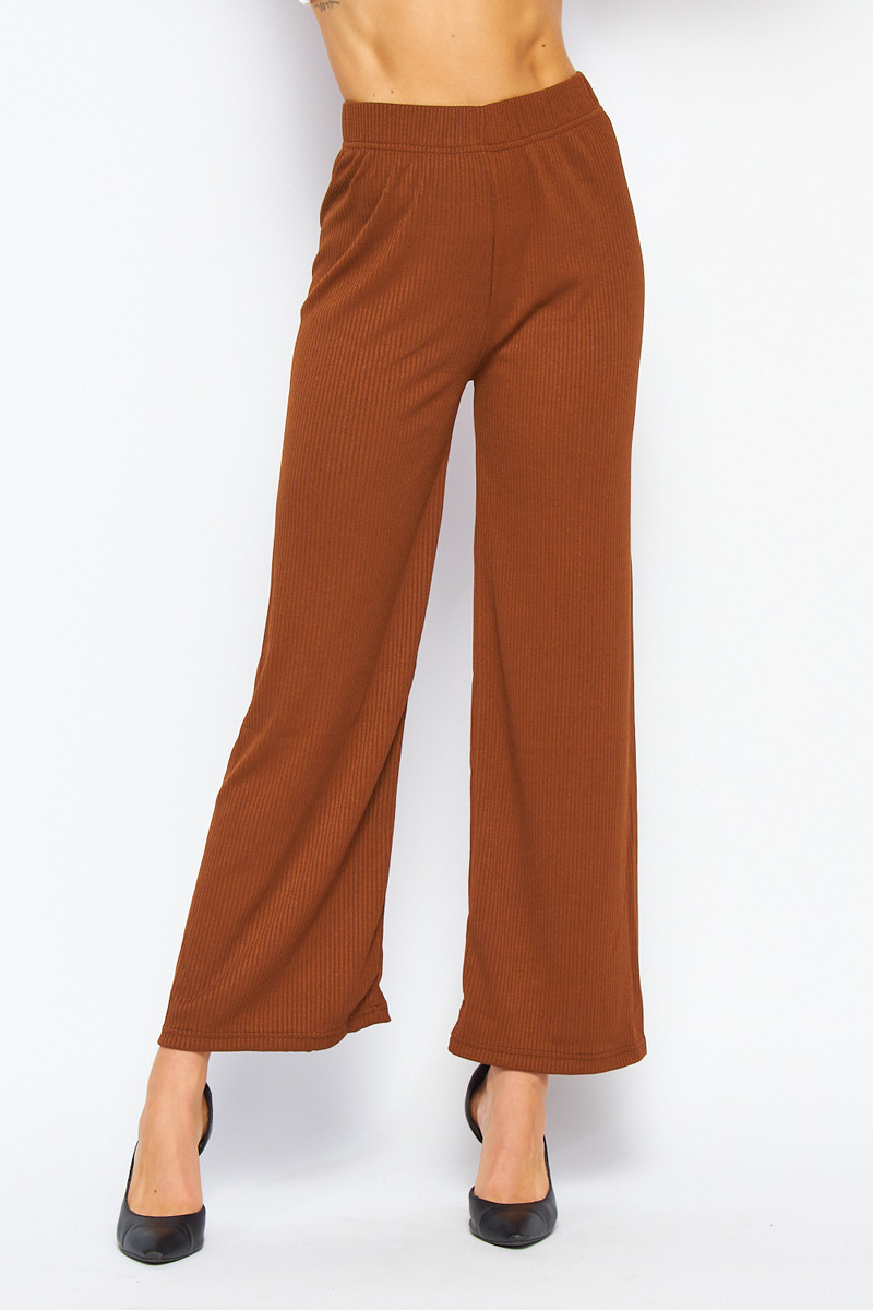 Solid High Rise Ribbed Wide Leg Pants